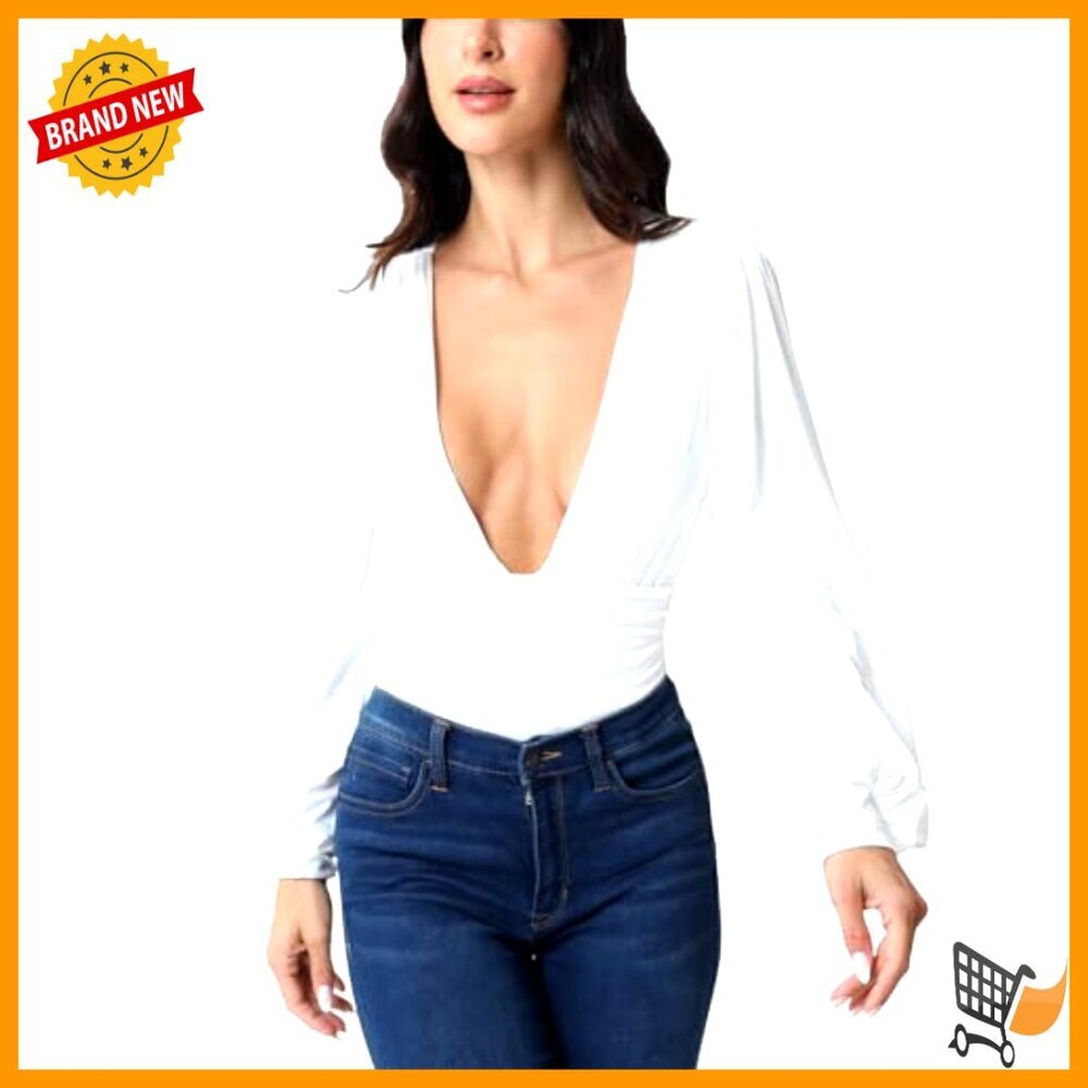 Long Sleeve Bodysuit Deep V Neck Ruched Tops Slim Fit Polyester - Picture 3 of 5